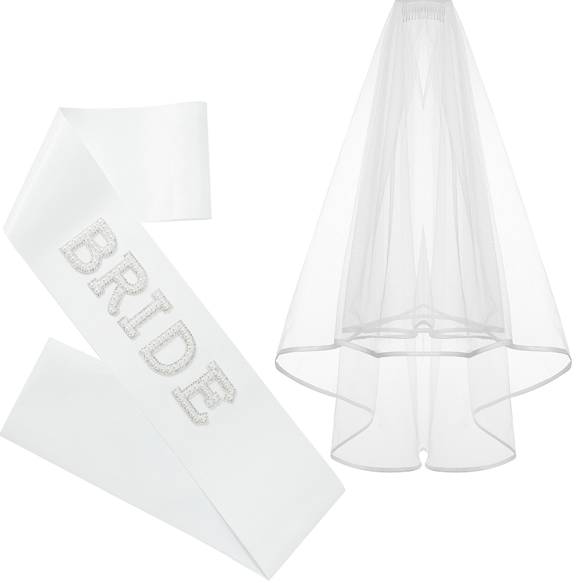 Bride pearl shoulder straps + veil two-piece set