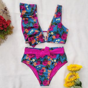 Maillots de bain une pièce pour femmes, maillots de bain à épaules dénudées à fleurs pour filles, maillots de bain push-up, combinaisons de plage, <span class=keywords><strong>monokini</strong></span> à volants - Product Image 5