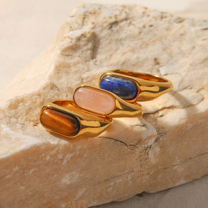 Cổ Điển Hình Bầu Dục Phẳng Top Khảm Nhẫn 18K Mạ Vàng Thép Không Gỉ Đầy Màu Sắc Đá Tự Nhiên <span class=keywords><strong>Inlay</strong></span> Men Ngón Tay Nhẫn - Product Image 3