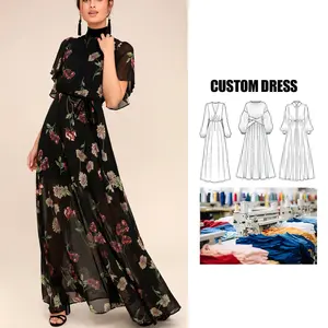 Fabricantes de ropa personalizada para mujer, moda impresa, bordado bohemio maxi, vestidos largos informales para mujer