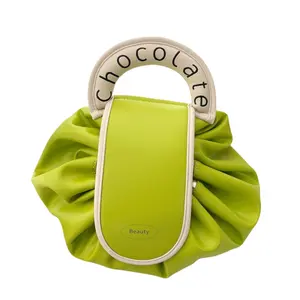 Yeşil suni deri İpli büyük güzellik çanta yumuşak PU seyahat tuvalet makyaj kozmetik çantası