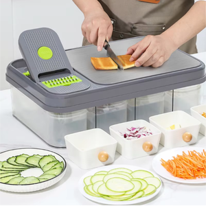 Hachoir manuel multifonctionnel 15-en-1 en métal avec récipient, trancheuse à légumes, coupe-oignon et pommes de terre, <span class=keywords><strong>mandoline</strong></span>, outil de découpe de légumes - Product Image 1