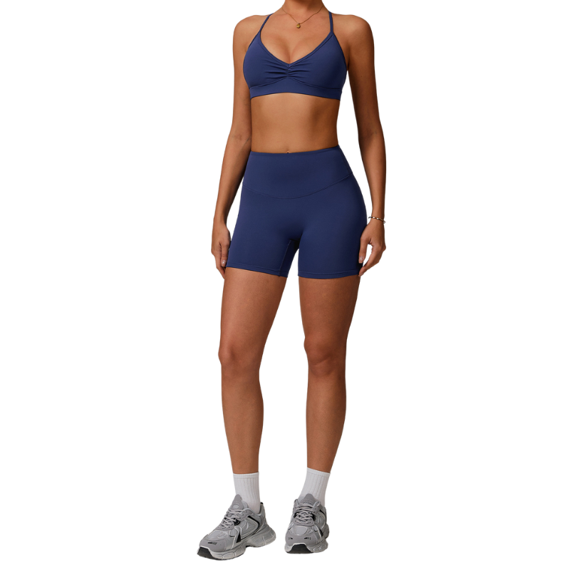Breathable Active Wears Fitness Pleated Sports Bras Seamed Ladies Shorts Gym Scrunch Butt Shorts 2 Piece Yoga Set