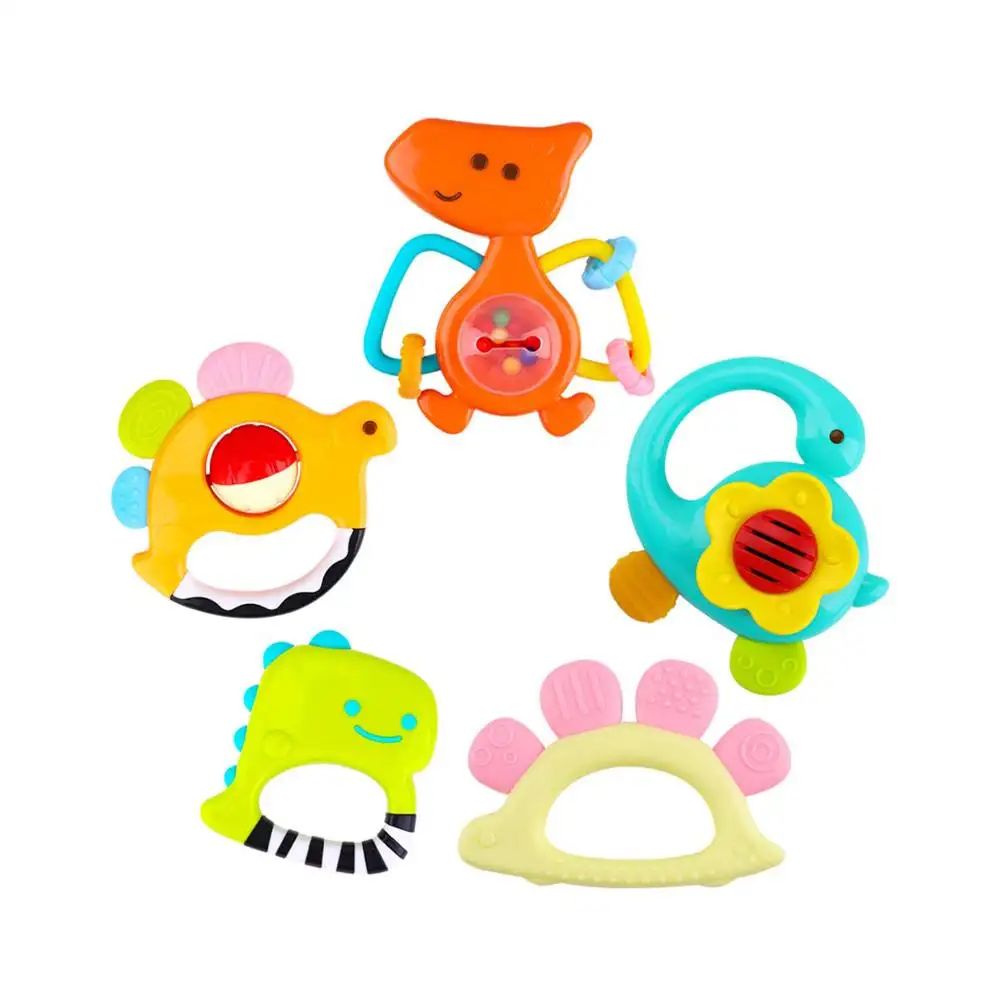 5 Dinosaur Baby Rattles, Teether, Shaker, Grab and Spin Rattle, Musical Toy Set, Early Educational Toys Teether Plastic ABS