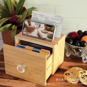 Bamboo Recipe <b>Box</b> With Drawer <b>Storage</b> For <b>Kitchen</b> Desktop Organizing Cards And Small Items - Product Image 1