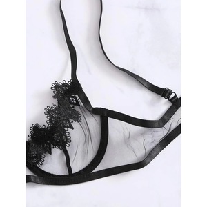 Conjunto de sujetador de encaje de malla para mujer, ropa de dormir transpirable negra, lencería sexy de dos piezas - Product Image 5