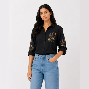 Chemise noire brodée de fleurs pour femme – Haut décontracté élégant à manches longues et boutonnage avec broderie florale colorée - Product Image 1