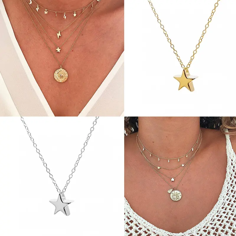 925 Sterling silver gold filled vermeil jewelry lucky necklace moon star lightning charms necklace