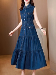 2026 Sommer Neuer Stil Französisches Retro-Hofkleid Hochgeschnittenes Figurbetontes Ärmelloses Jeanskleid Langes Kleid für Damen - Product Image 5