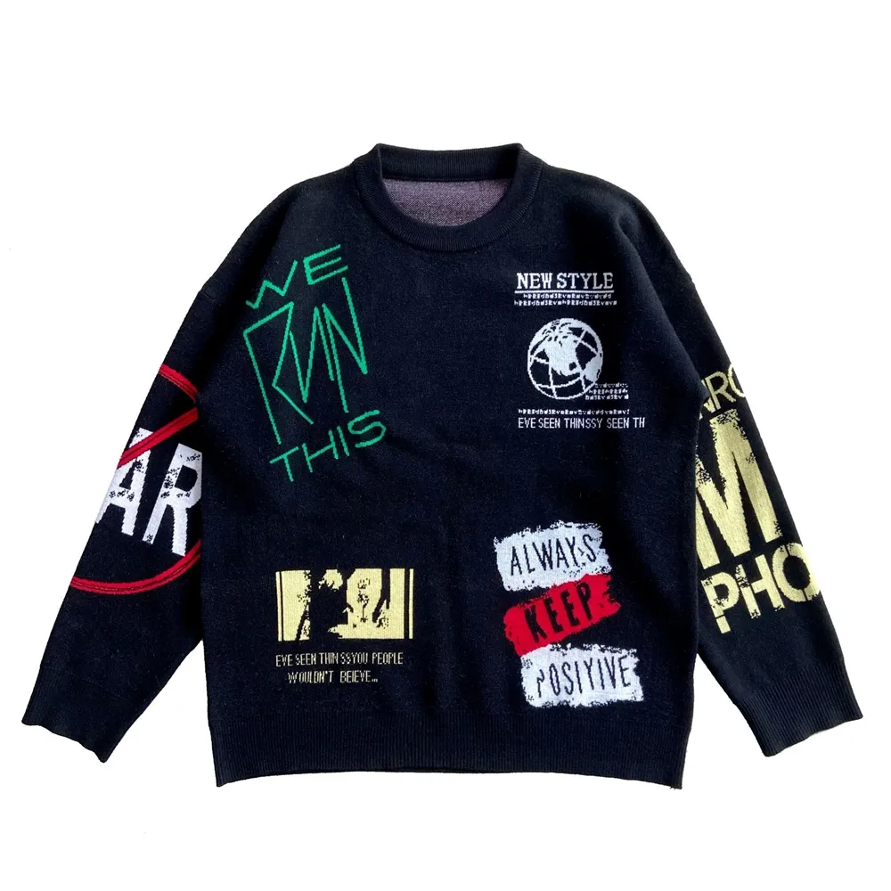 Pull Streetwear Hip Hop Harajuku pour homme, Vintage, col rond, ample, lettre, <span class=keywords><strong>tricot</strong></span>, automne