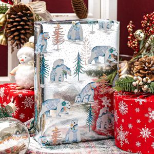 Papel de regalo navideño de aluminio con diseño de oso polar y árbol de Navidad, impresión a doble cara, personalizable - Product Image 1