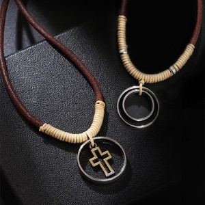 Cross Border Best Selling European American Retro Style Hollow Cross Double <b>Ring</b> Pendant Stainless Steel <b>Necklace</b> Gift - Product Image 1
