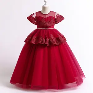 Elegante pizzo principessa ragazza vestito da festa di natale bambini Prom Ball Gown Girl Tulle Flower Princess Party Maxi Dress