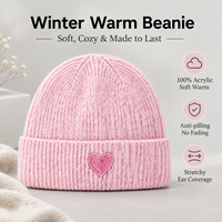 Bonnet d'hiver en acrylique 100% pour femme, style délicat, motif cœur rose, tricot côtelé, chaud, pour la marche en extérieur et la vie quotidienne