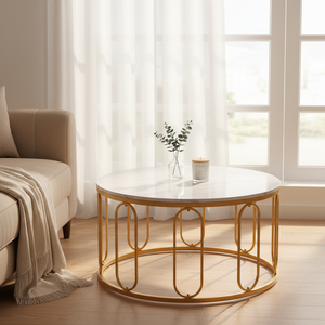 Mesa de Centro Redonda con Acabado de Mármol Blanco y Dorado - Product Image 1