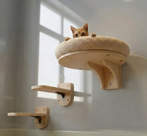 Ensemble de meubles pour animaux de compagnie à fixer au mur, lit en bois, étagère ronde avec coussin en peluche doux - Product Image 1
