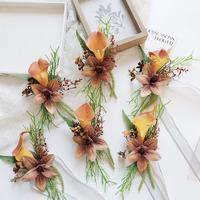 Perlengkapan Pernikahan: Bunga Boutonniere & Corsage untuk Tamu, Bunga Pergelangan Tangan, Warna Kopi, Kain, Calla Buatan