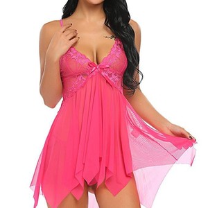 Chemise de nuit sexy en dentelle et résille pour femme, respirante, rouge, col en V, à bretelles, lingerie - Product Image 3