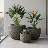 Ensemble de 3 pots à fleurs en béton GRC faits à la main, gris foncé, texture pierre brute, résistants aux intempéries, pour intérieur/extérieur