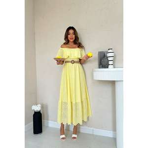 Vestido amarillo con hombros descubiertos, bordado, cintura elástica, línea A, informal, tejido, transpirable, para uso diario - Product Image 4