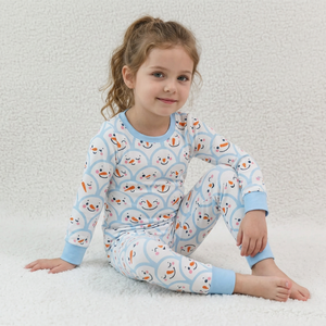 Ensemble de pyjama en coton à manches longues pour enfants, imprimé bonhomme de neige style chinois, vêtements de nuit décontractés, tissu tricoté, haut et bas de jogging - Product Image 1