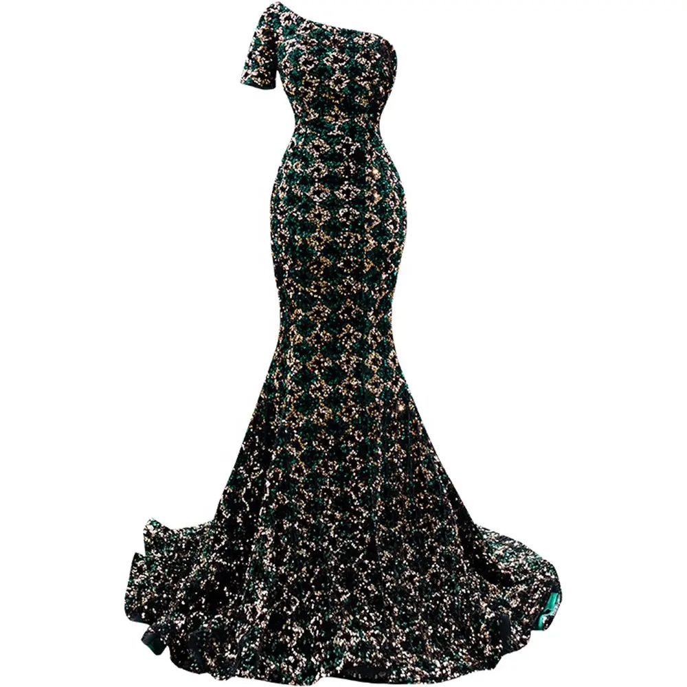 New Arrival One Shoulder Mermaid Green Sequins Lace Custom Party Evening Dress