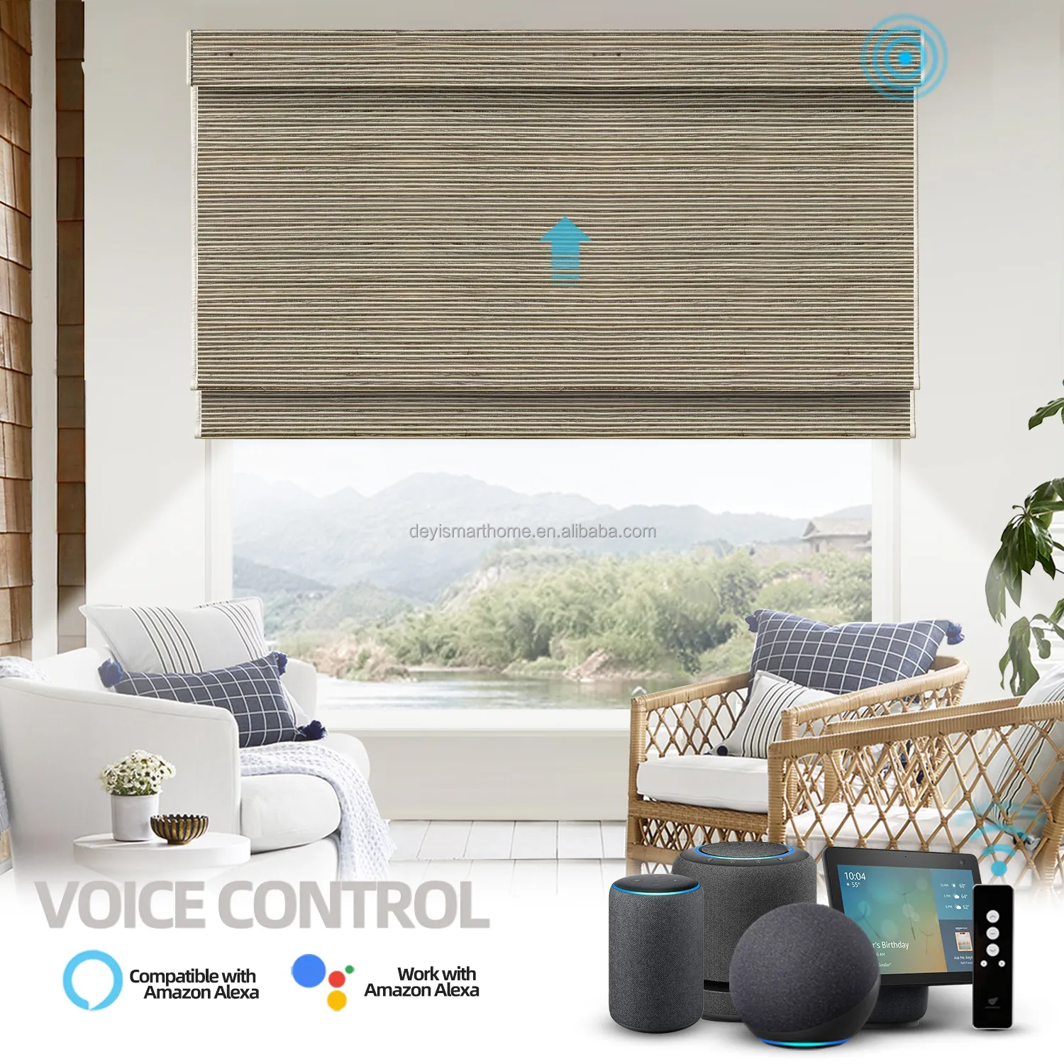 Deyi Cordless Shades Roman Style Woven Wood Shades Blinds With Smart Google Home Alexa