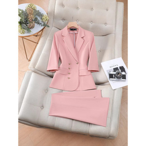 Women's Pink Three Quarter Sleeve Suit Set Blazer And Pants Two Piece Formal Workwear For Commute Spring Summer Autumn - Product Image 1