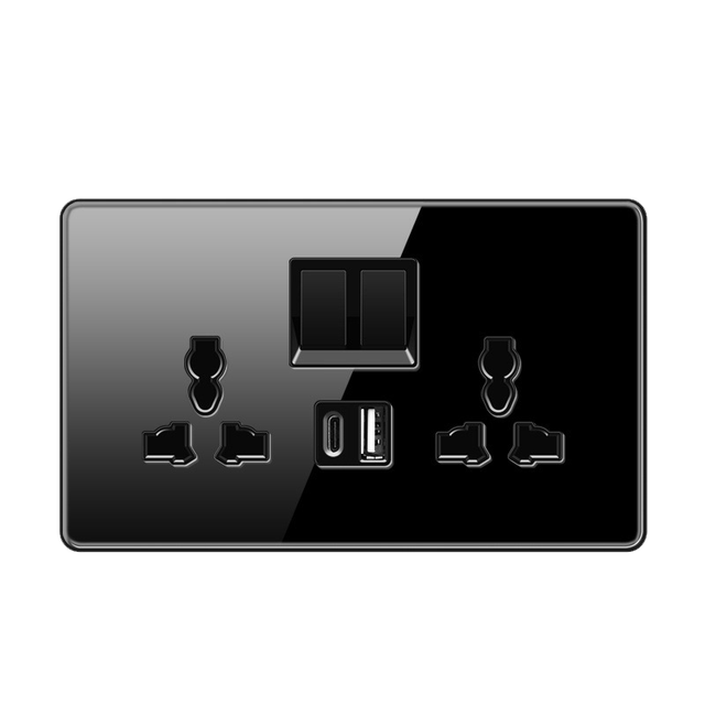 Usb Type c Port Charger Electrical Wall Socket 13A 220v Multi Socket Double Wall Switches Sockets Luxury Glass Black Gold Outlet