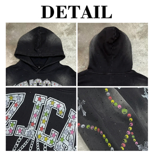 เสื้อฮู้ดดี้ผู้ชายพิมพ์ลายกราฟิกแบบสั่งทำพิเศษ ผ้าเฟรนช์เทอร์รี่ 600 กรัมต่อตารางเมตร ทรงหลวม ไหล่ตก ผ้าฝ้าย 100% ตกแต่งด้วยคริสตัล ล้างสีแบบแอซิดวอช ไซส์ใหญ่ - Product Image 6