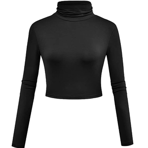 Women Slim Fit <b>Turtleneck</b> Crop <b>Top</b> Shirts Midriff Shirt Black Long Sleeves Knitted Solid Color Minimalist Style Women's Shirt - Product Image 1