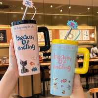 Mug de voyage en céramique à motif de dessin animé mignon pour femmes, grande capacité, avec couvercle et poignée, compatible micro-ondes, résistant aux hautes températures