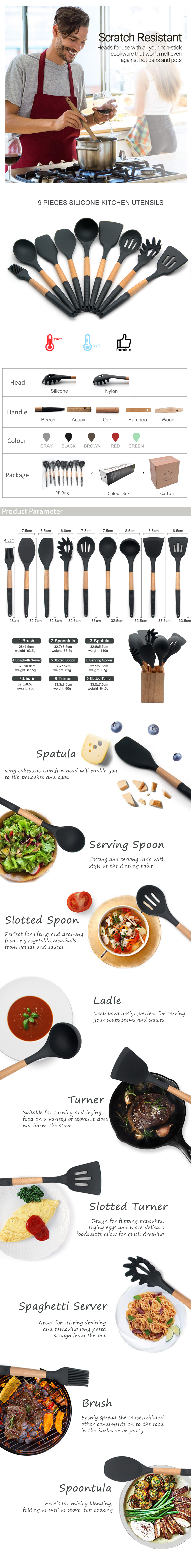 AMAZON PRODUCTS NEW SILICONE WOOD KITCHEN UTENSILS 9PCS SILICONE UTENSIL SETS WITH WOODEN HOLDER