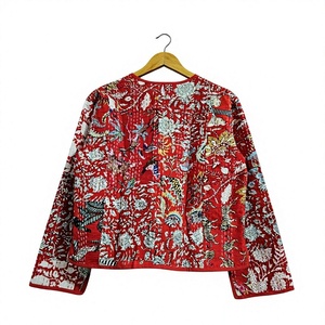 Red Quilted <b>Jacket</b> <b>Women</b> V-Neck Three Quarter Sleeve Floral Hand Embroidery Cotton <b>Spring</b> Outerwear gift for her - Product Image 2