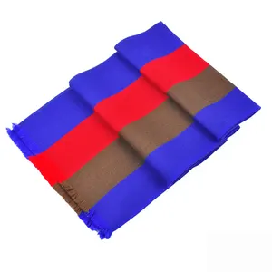 最新设计男士暖蓝棕色和红色混合条纹100% 涤纶流苏围巾