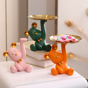 <b>Cute</b> <b>Bear</b> Tray Pink Natural Resin Decorative Tray For Living Room Desk Storage Multi Functional Modern Design - Product Image 1