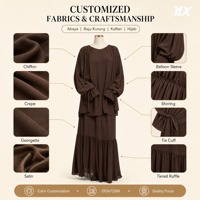 Abaya personnalisée en mousseline marron pour femme, manches ballon, jupe longue à volants, polyester respirant, OEM ODM, marque privée, tenue modeste de Dubaï