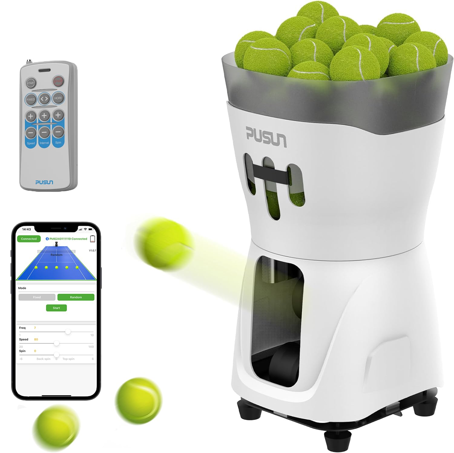 Tennis Mini Tennis Net Portable Serving Machine with App Remote Control Adjustable Speed & Angle Holds 65+ Balls