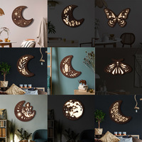 Décoration murale en bois gravé style bohème nordique Nicro, motif chat, lune, papillon, avec lumière LED nocturne