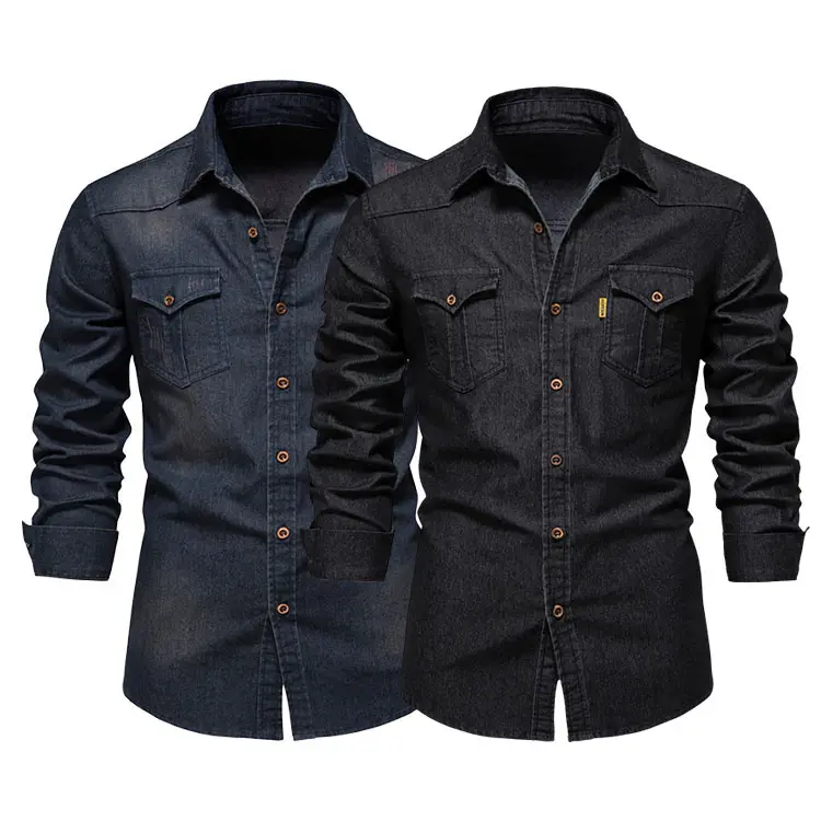 男性のための最新のシャツデザインビジネスフォーマルシャツメンズブラックデニムシャツダブルポケット長袖