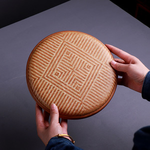 Handmade Bamboo Woven Pu'er Tea Cake Box Round Geometric Pattern Tea Ceremony Accessory - Product Image 2