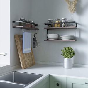 2 + 1 단 벽걸이 부동 선반 2 개 세트 티슈 랙 & 타월 바 소박한 나무 선반 - Product Image 4