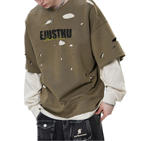 T-shirt Homme Streetwear Manches Longues 2-en-1 Superposé en Coton Lourd 220g Personnalisable avec Logo Effet Vieilli et Délavé