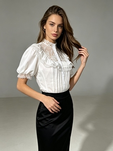 Blusa de Encaje Blanco Estilo Lolita Vintage, Cuello Alto, Manga Corta Abullonada, Adorno de Volantes, Cierre de Botones, Corte Ajustado, Camisa Casual para Mujer, Ideal para Fiestas - Product Image 2
