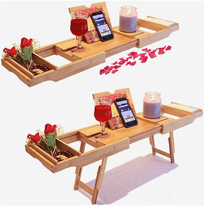 <span class=keywords><strong>Combo</strong></span> de bandeja de desayuno para baño <span class=keywords><strong>Caddy</strong></span>-Bañera y cama impermeables de madera de bambú natural con tobogán plegable - Product Image 5