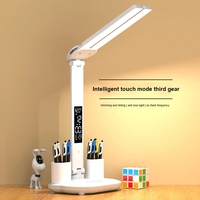 Lampe de table LED rechargeable avec double tête, calendrier, date, éclairage tactile nocturne avec porte-stylo pour chambre à coucher, étude, lampes de lecture
