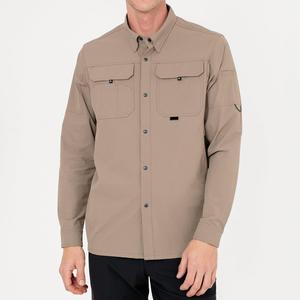 قميص عمل مخصص بلون موحد للرجال من البوليستر والسباندكس بأكمام طويلة وجيبين مضاد للأشعة فوق البنفسجية للصيد والتنزه مع خدمة التصنيع حسب الطلب - Product Image 1