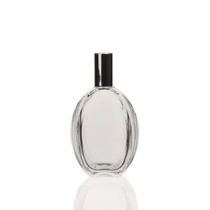 More popular 100ml flat oval transparent empty perfume spray bottle glass with high quality silver lid