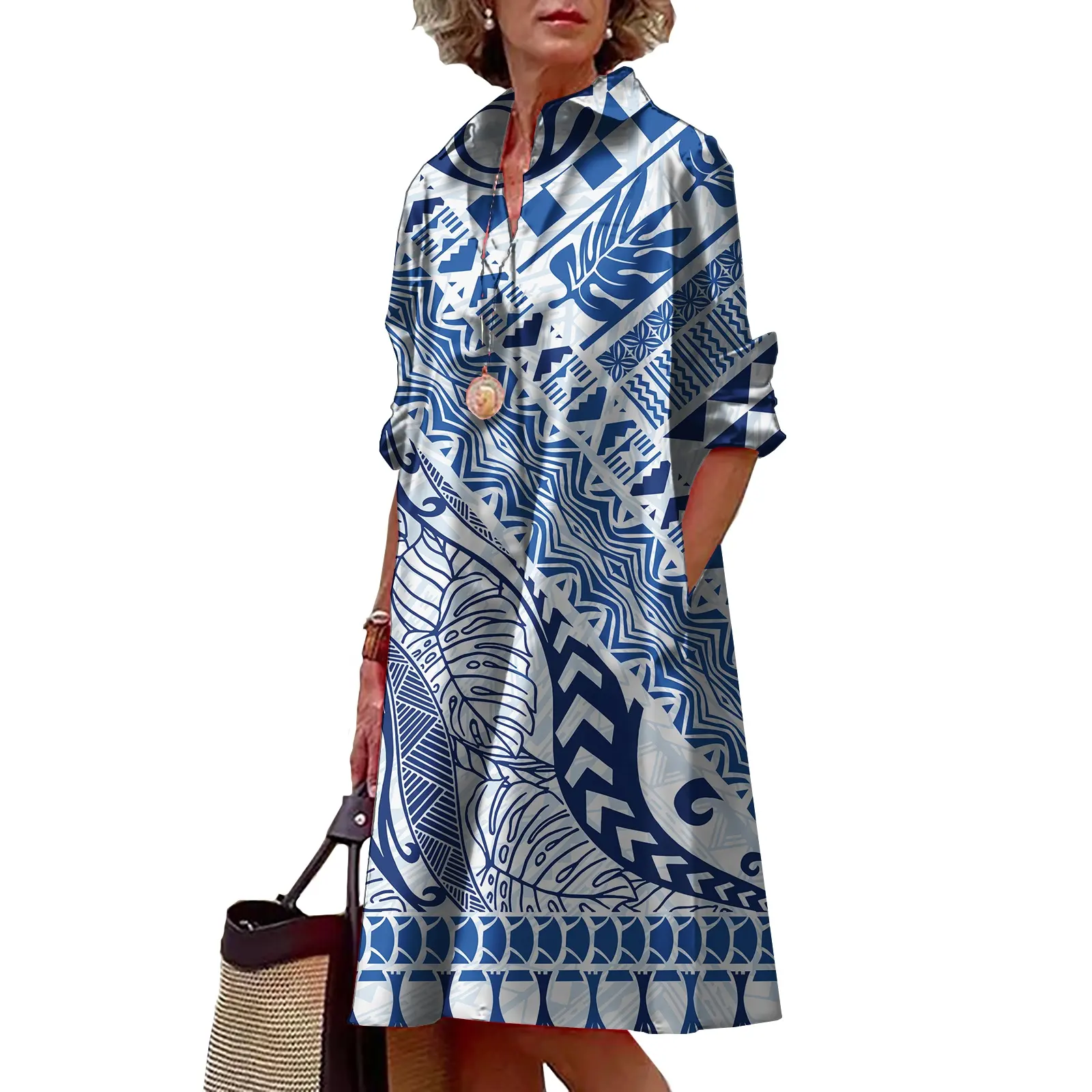 Abito chemisier da donna Casual con stampa floreale in Chiffon traspirante classico abito caftano a manica lunga personalizzato hawaiano polinesiano