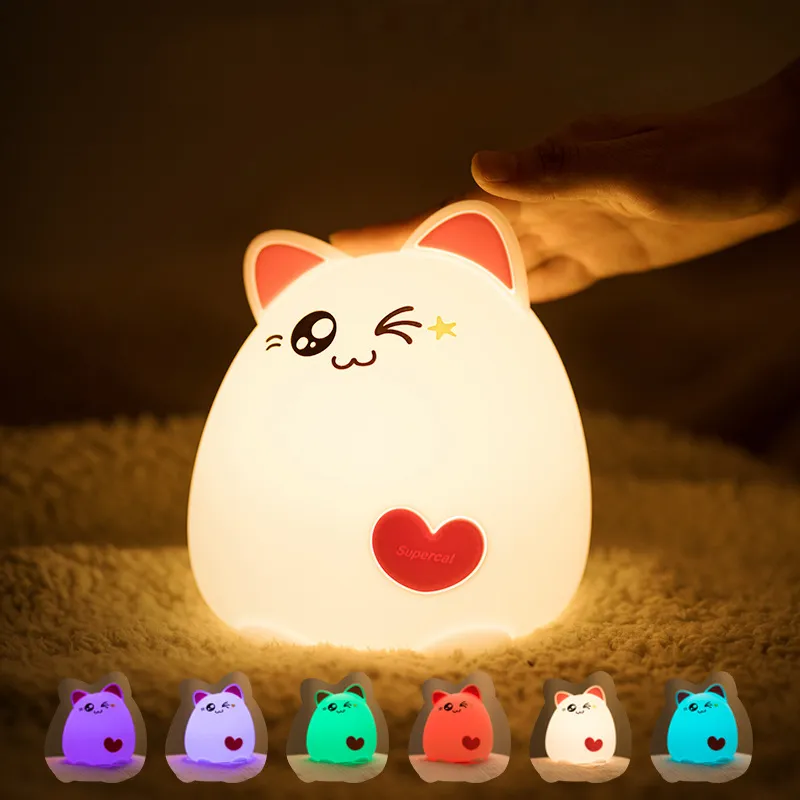 Cat Shaped Night Light Soft Silicone Touch Sensor Bedside Lamp 7 Color Changing Cute Portable Bedrooms Living Rooms Night Light